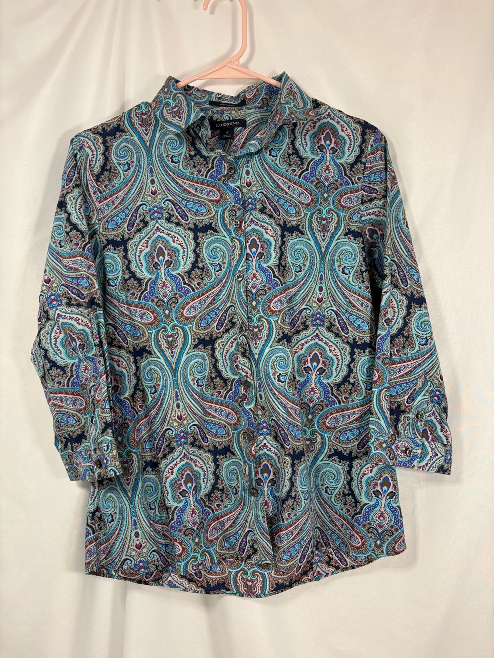 Lands' End Women's Button-Down Shirt in Teal Paisley 3/4 Sleeve No Iron Size 6